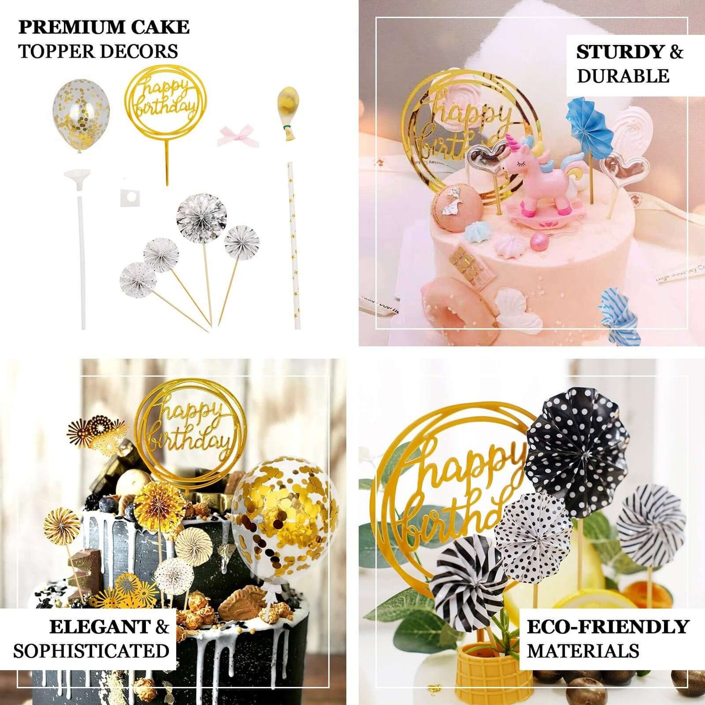 6 Pcs Happy Birthday Cake Topper Silver/Gold - Fun Cake Decoration with 4 Mini Paper Fans & Confetti Balloon for Themed Parties & Special Occasions