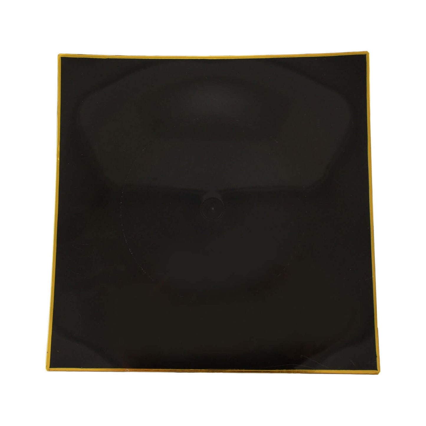 10-Pack Plastic 8" Square Dessert Plates in Black Concave Style with Gold Rim - Modern Disposable Salad Appetizer Party Plates