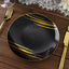 10-Pack Plastic 7" Round Dessert Plates in Black with Gold Brush Stroked Print - Disposable Appetizer Salad Plates for Modern Themed Events & Banquets