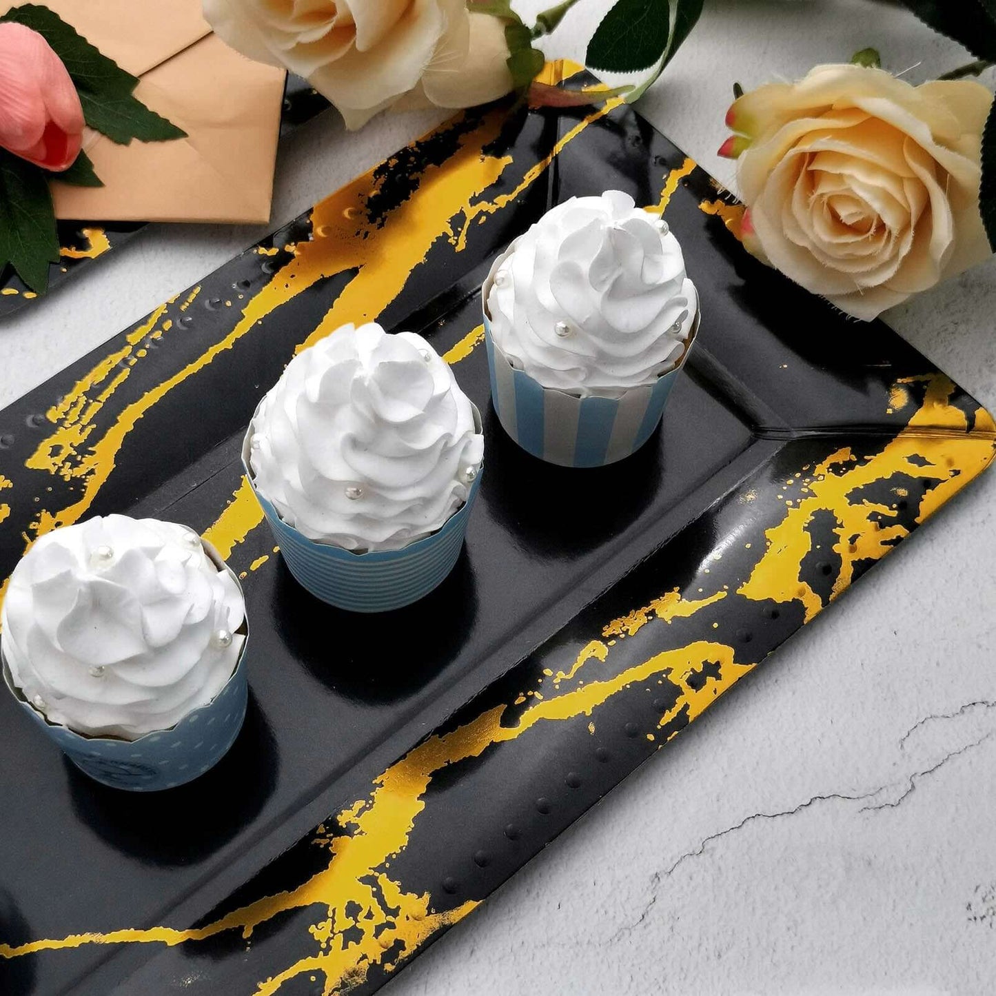 10-Pack Paper 16" Rectangle Serving Trays Black/Gold - Durable 1100GSM Disposable Food Platters with Modern Marble Design for Dessert Tables & Food Stations