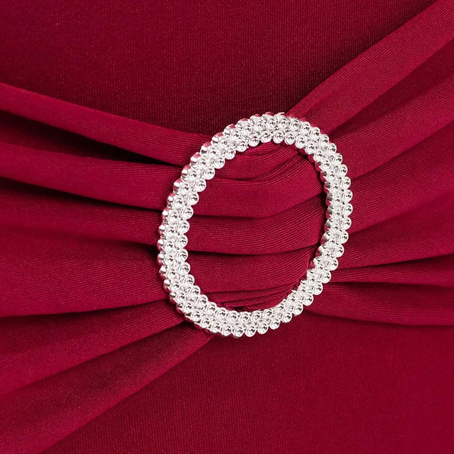 Stretch Spandex Chair Cover Burgundy for Folding Chairs - Secure Fit Slipcover with Silver Rhinestone Buckled Sash Band