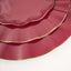 10-Pack Plastic Round 6" Dessert Plates in Burgundy Ruffled Rim with Gold Edging - Sturdy Disposable Salad Appetizer Dinnerware