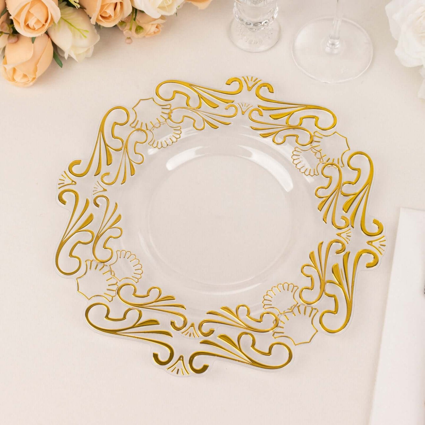 10-Pack Plastic 10" Round Dinner Plates in Clear with Gold Vintage Baroque Scalloped Rim - European Style Disposable Party Plates