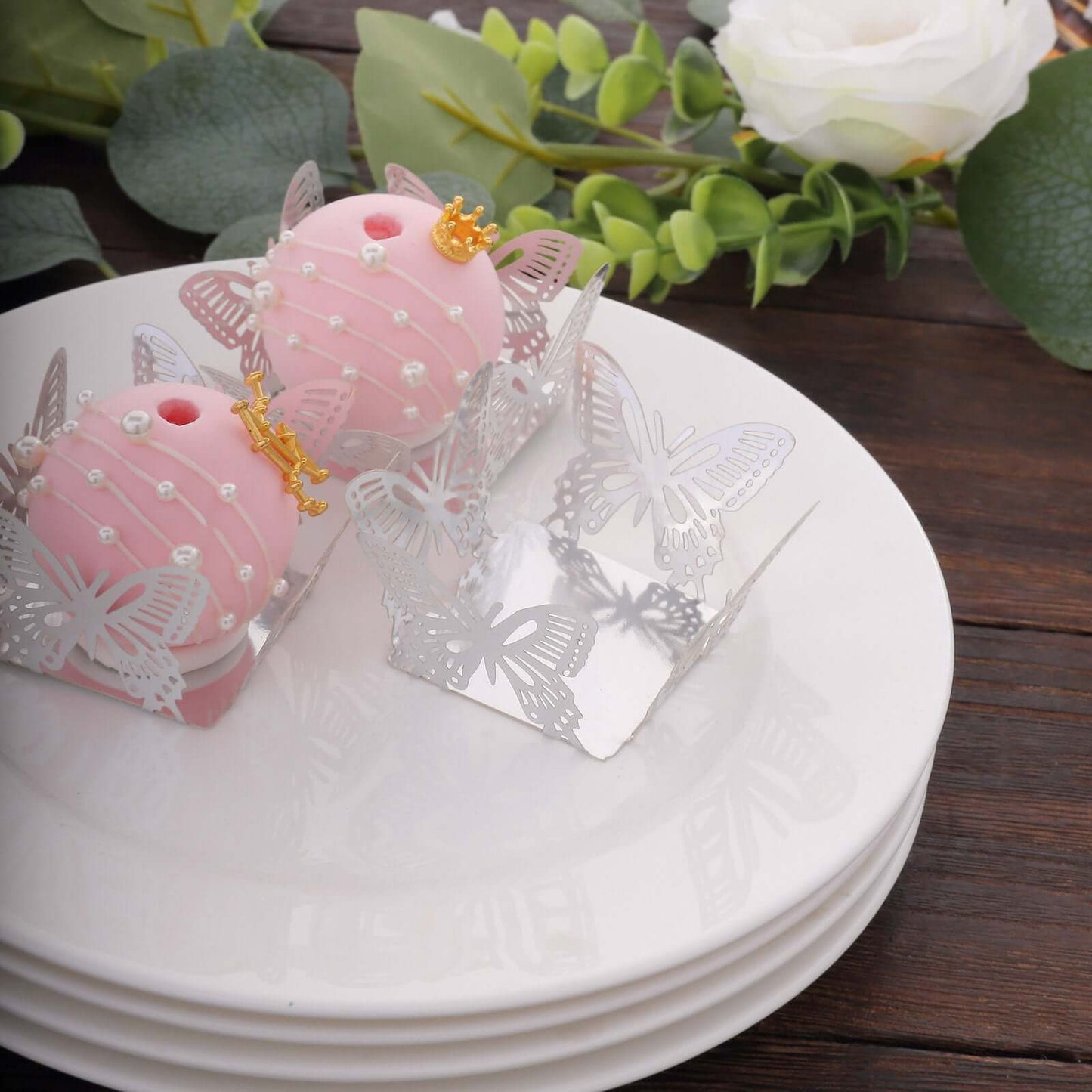 50-Pack Mini Paper Truffle Cup Liners Butterfly Square Design Metallic Silver - 225GSM Cupcake Tray Wrappers 4"