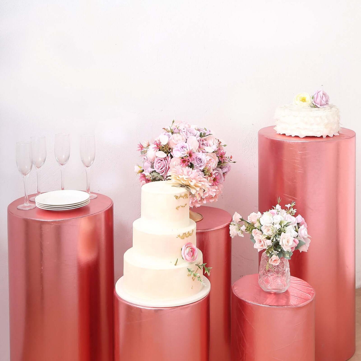 Set of 5 Metallic Rose Gold Spandex Cylinder Pedestal Stand Covers, Shiny Stretchable Pillar Prop Covers - 130 GSM