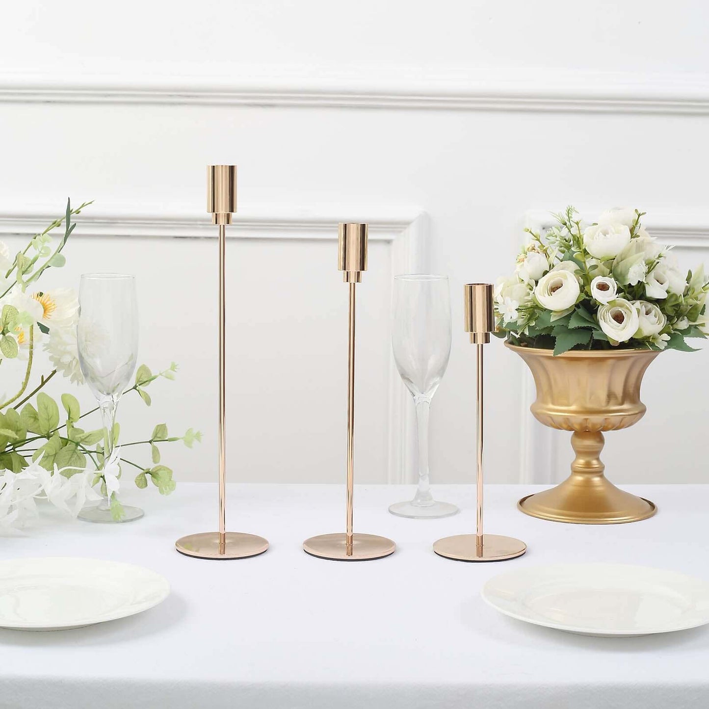 Set of 3 Taper Candle Stands Gold Metal Decorative Round Base Design - Wedding Table Accents 9", 10", 13"
