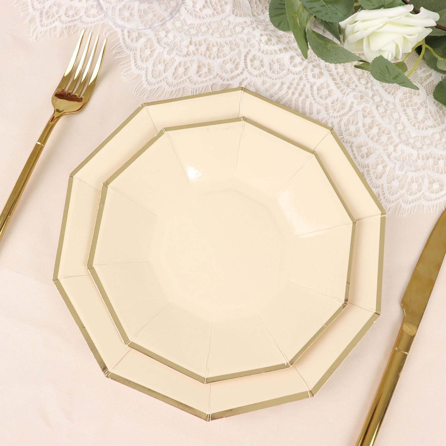 25-Pack Paper 9" Decagon Dinner Plates in Beige with Gold Foil Rim - Disposable Geometric Party Plates for Modern Weddings & Events