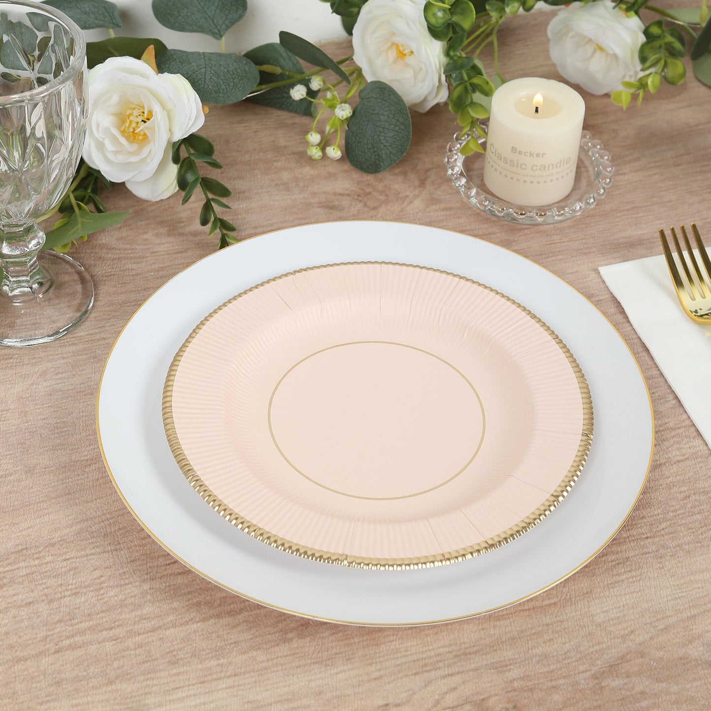 25-Pack Paper 8" Round Dessert Plates in Blush Sunray Design with Gold Rim - Disposable Heavy Duty 350GSM Appetizer Salad Plates