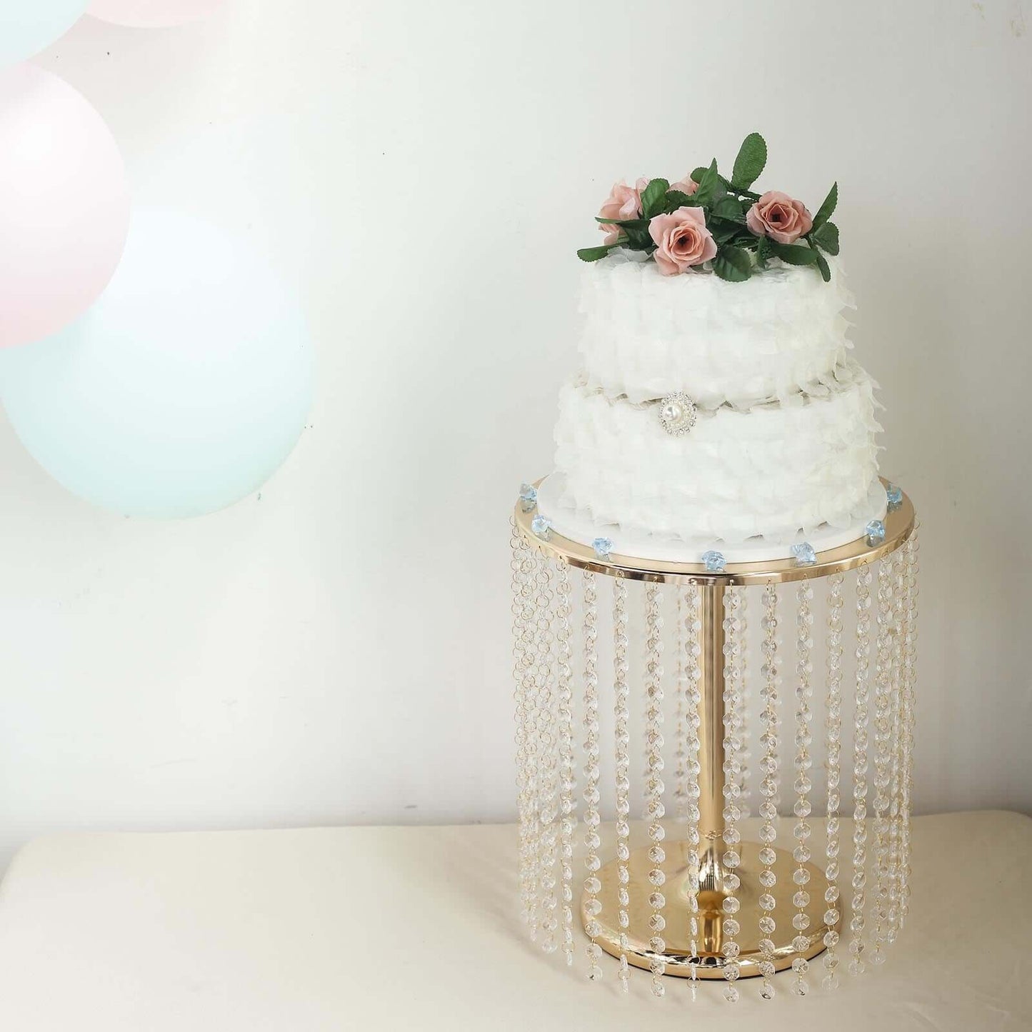 Metal Cake Stand Round Design Metallic Gold with Crystal Chains 14" Dia - Cupcake Dessert Pedestal 16"Tall
