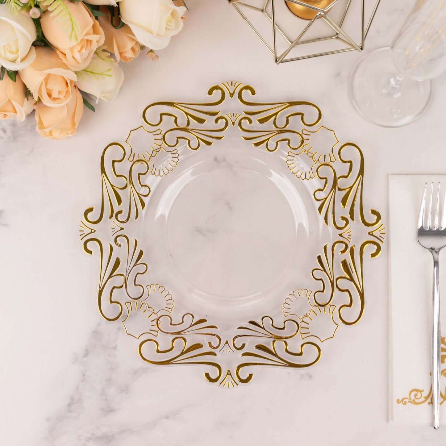 10-Pack Plastic 8" Round Dessert Plates in Clear with Gold Vintage Baroque Scalloped Rim - European Style Disposable Salad Appetizer Plates