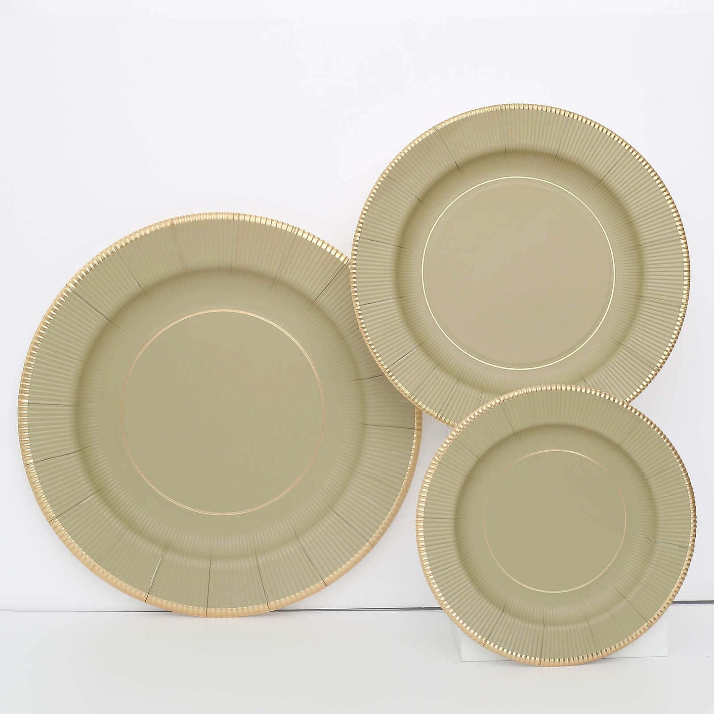 25-Pack Paper 8" Round Dessert Plates in Khaki Sunray Design with Gold Rim - Disposable Heavy Duty 350GSM Appetizer Salad Plates