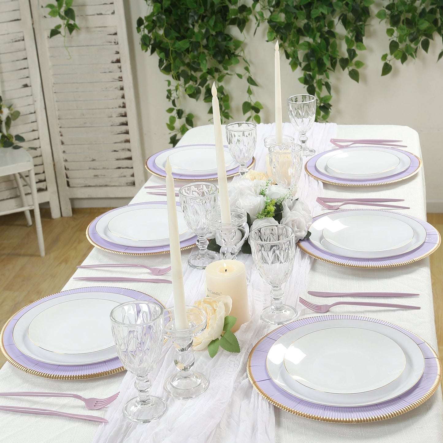 25-Pack Disposable Round Charger Plates in Lavender Lilac Sunray Design with Gold Rim - 350GSM Heavy Duty Paper Chargers 13"