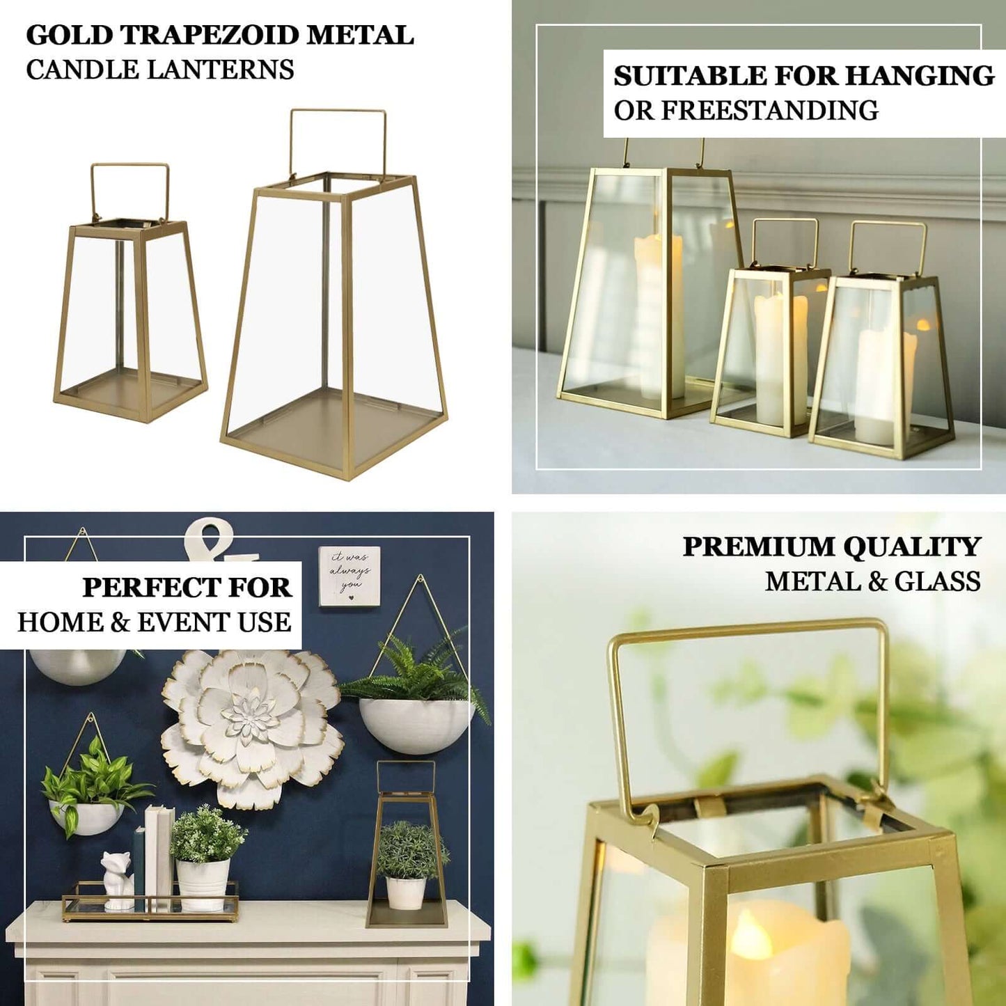 2-Pack Metal Candle Lanterns Trapezoid Geometric Design Gold - Hanging Terrariums Table Centerpieces for Indoor/Outdoor 6"