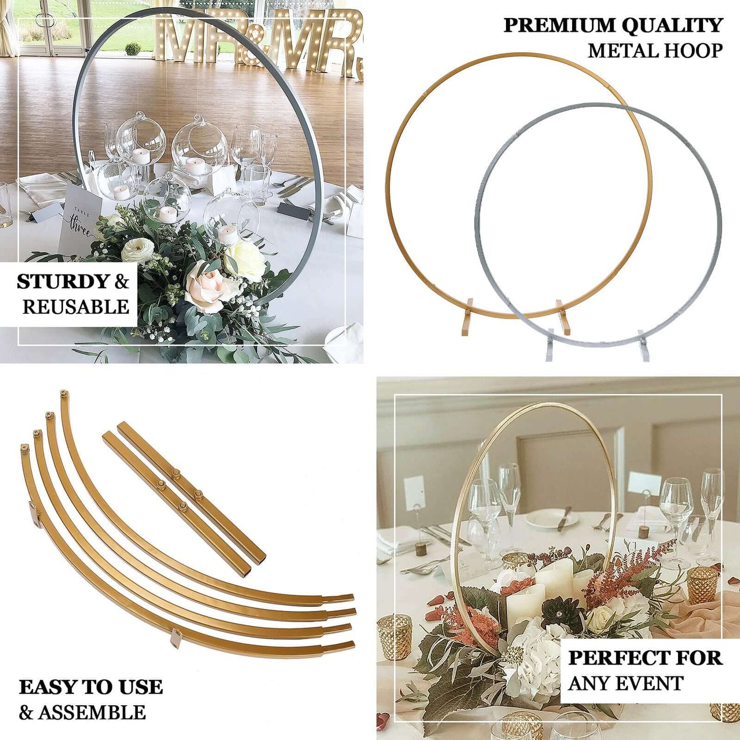 36" Gold Metal Round Hoop Wedding Centerpiece, Self Standing Table Floral Wreath Frame