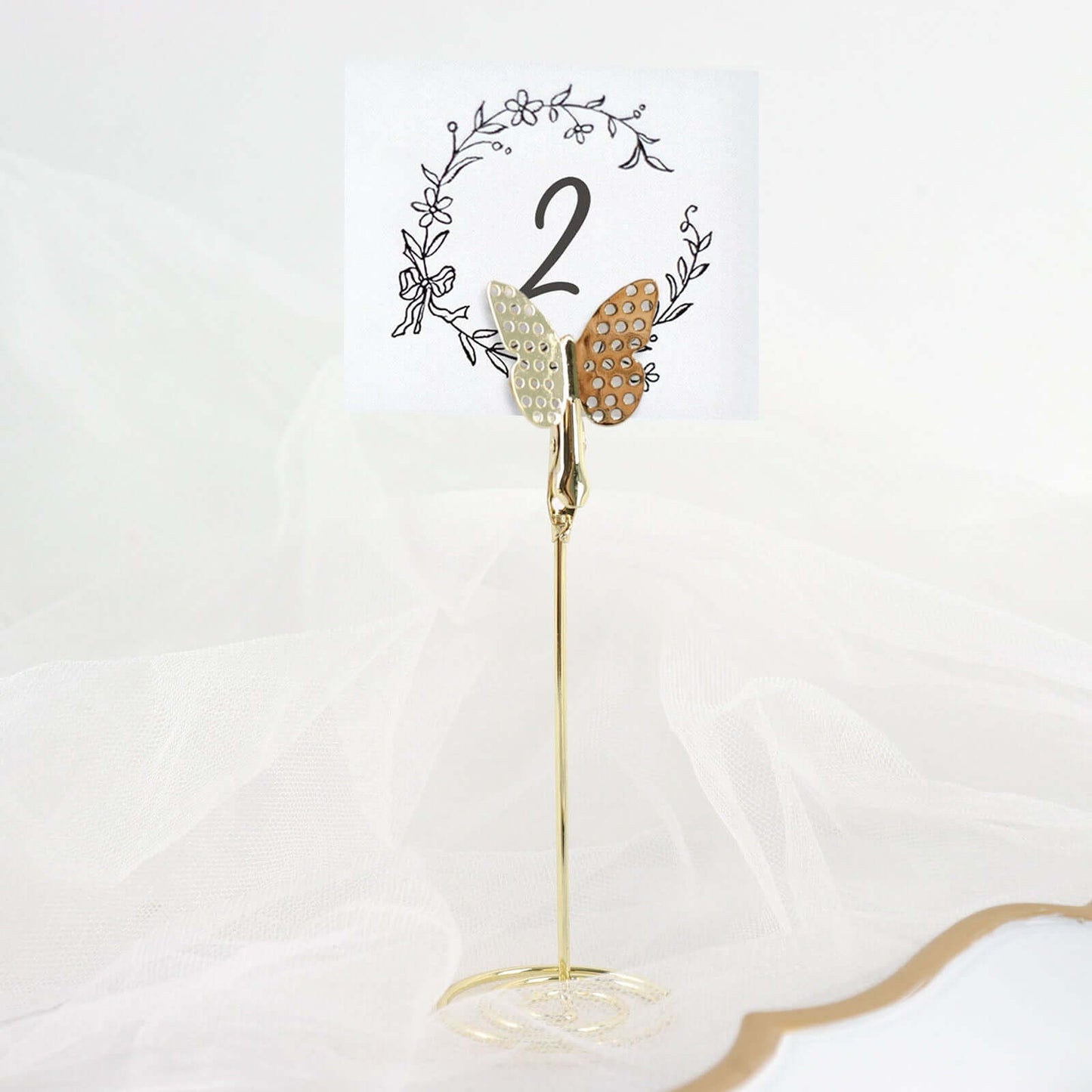 5-Pack Metal Place Card Holders Gold - Modern Table Number Stands with Whimsical Butterfly Clips & Spiral Base for Signs Memos Photos Menus 5"