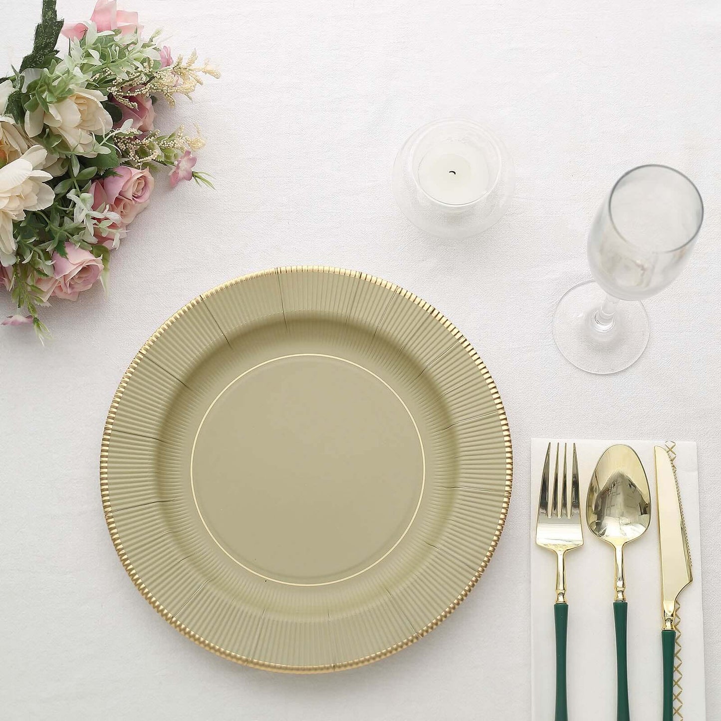 25-Pack Paper 10" Round Dinner Plates in Khaki Sunray Design with Gold Rim - Disposable Heavy Duty 350GSM Party Plates