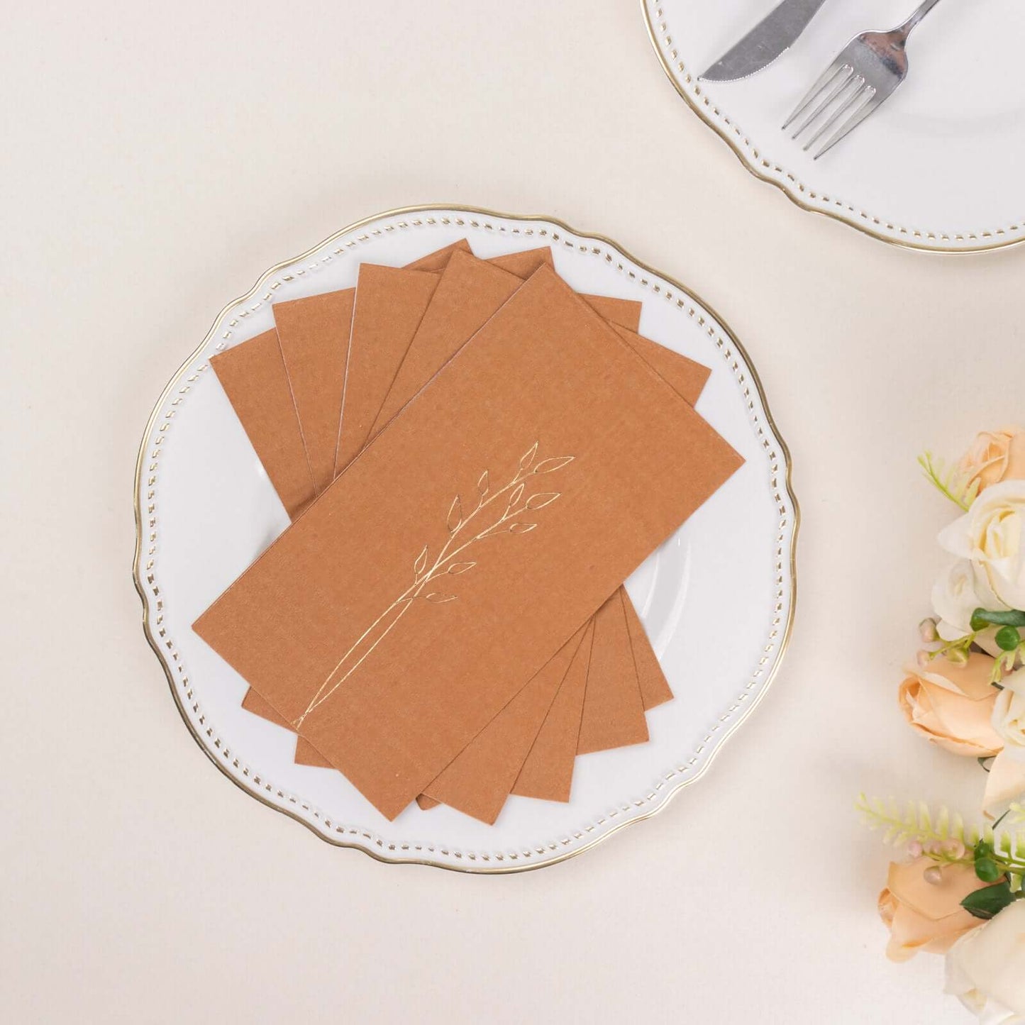50-Pack Paper Dinner Napkins Terracotta (Rust) with Gold Embossed Leaf - Stylish 2-Ply Disposable Napkins for Weddings 18GSM