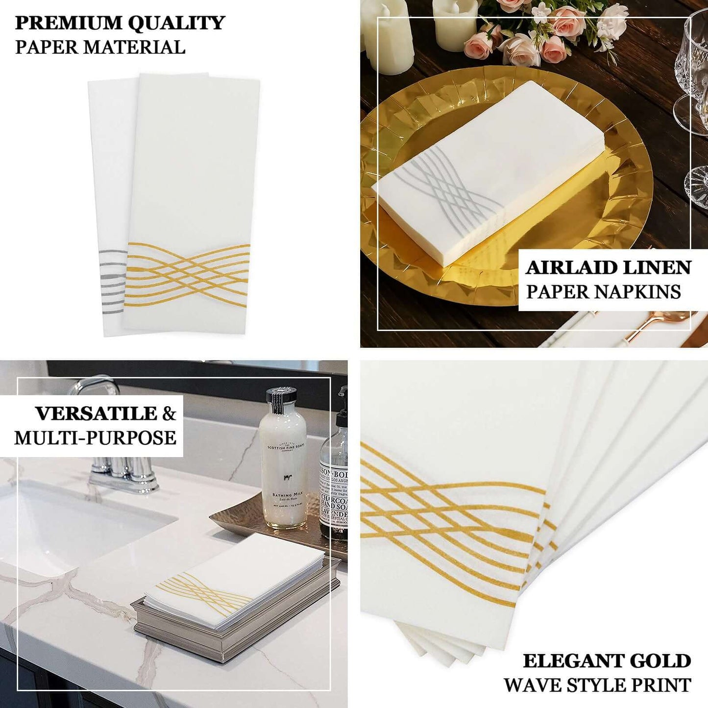 25 Pack Linen-Like Paper 8"x4" Napkins White with Metallic Gold Foil Wave Design - Soft & Absorbent Airlaid Hand Towels for Exquisite Weddings & Events