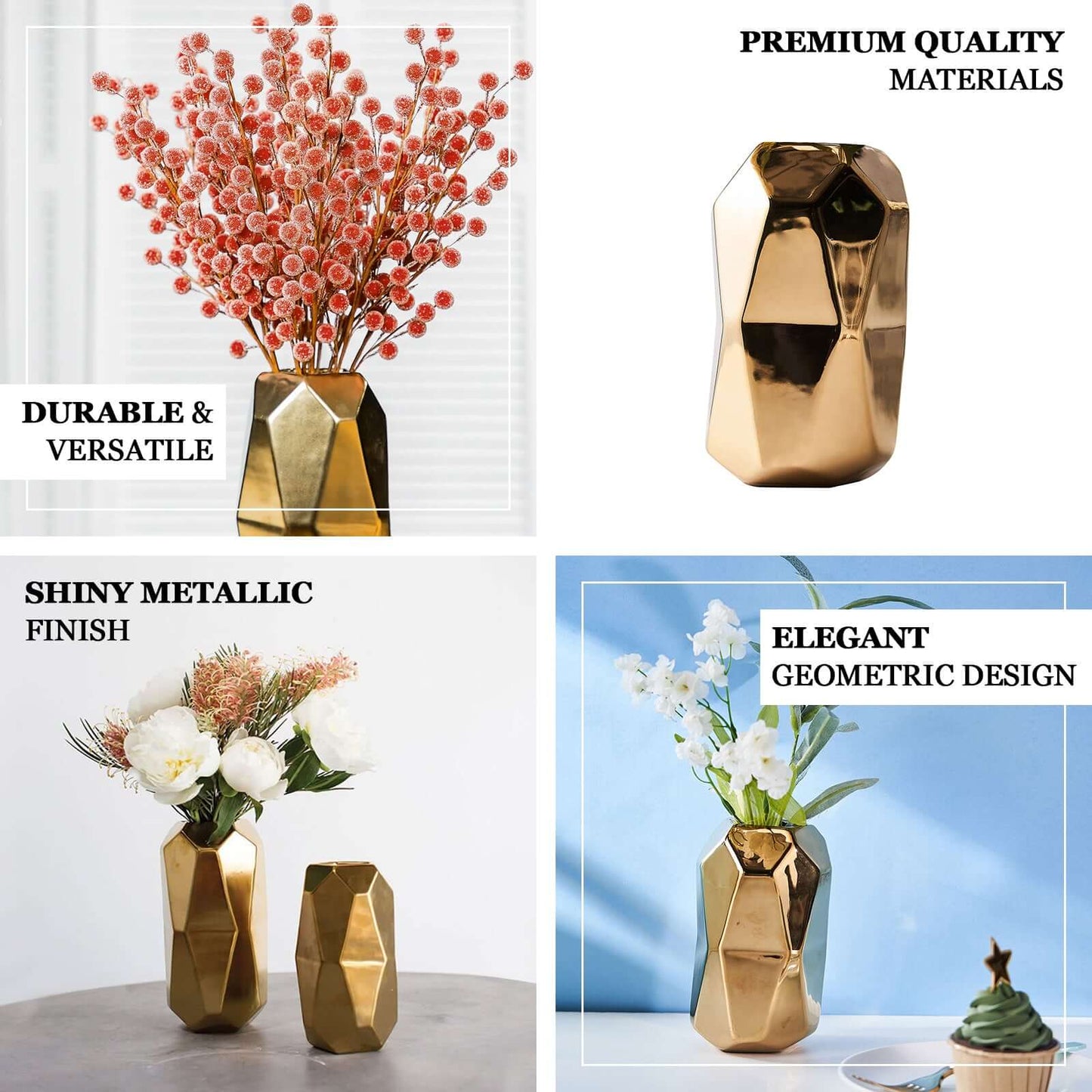 2-Pack Ceramic Cylinder Vases Metallic Gold Geometric - Stylish Modern Decor for Floral Arrangements 6"