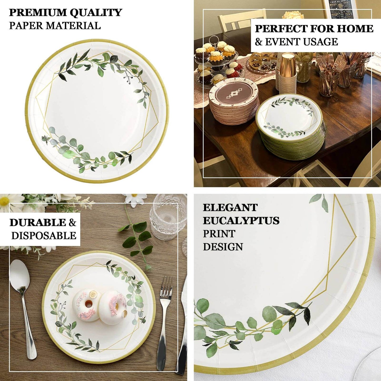 24-Pack Paper 9" Round Dinner Plates in White with Eucalyptus Leaves & Gold Rim - Disposable 300GSM Party Plates for Modern & Nature-Inspired Events