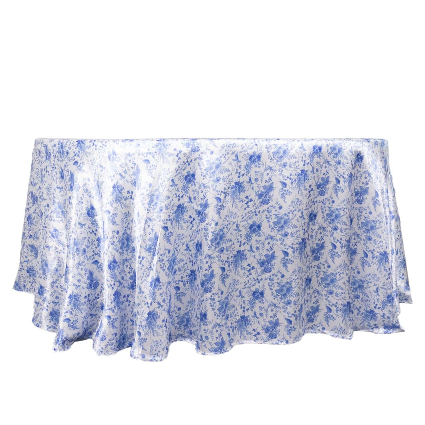 Satin Round 120" Tablecloth White/Blue French Toile Design - Seamless Stylish & Wrinkle-Resistant Table Cover