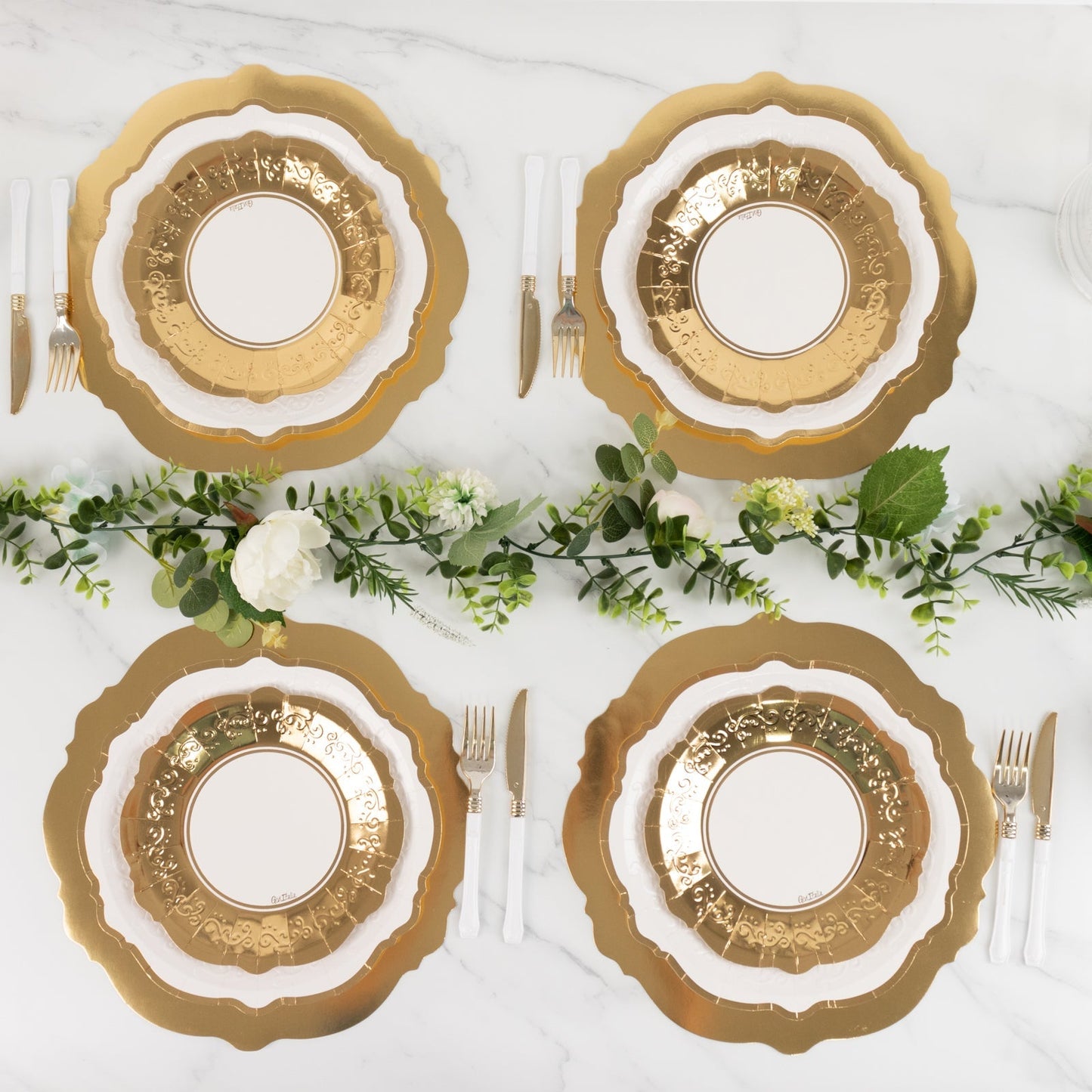75 Pcs Paper Charger Plates with Gold Embossed Scalloped Rim White - Heavy Duty Disposable Dinner and Salad Plates 8",10",13"