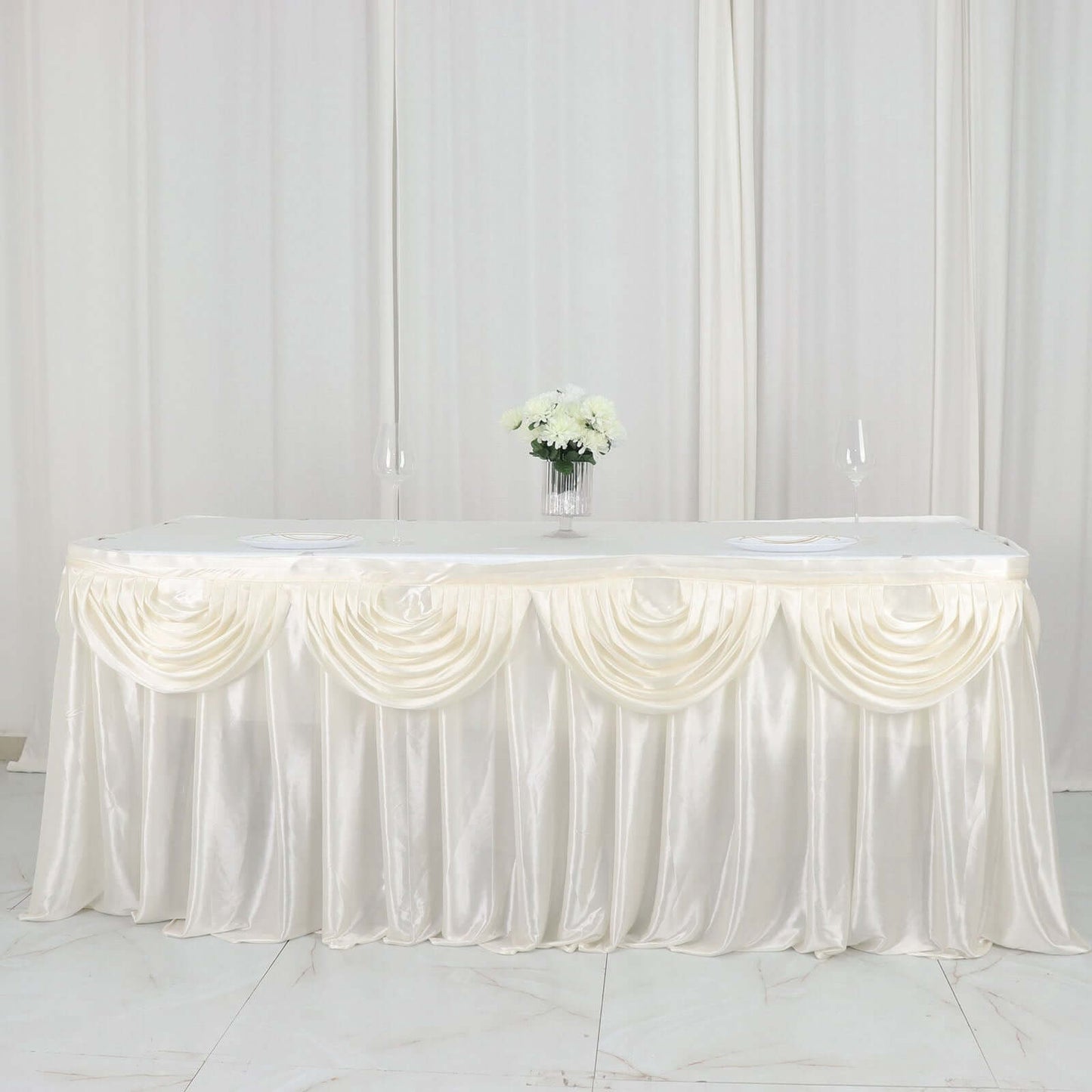 Satin 14ft Table Skirt Ivory - Pleated Double Drape Table Cover