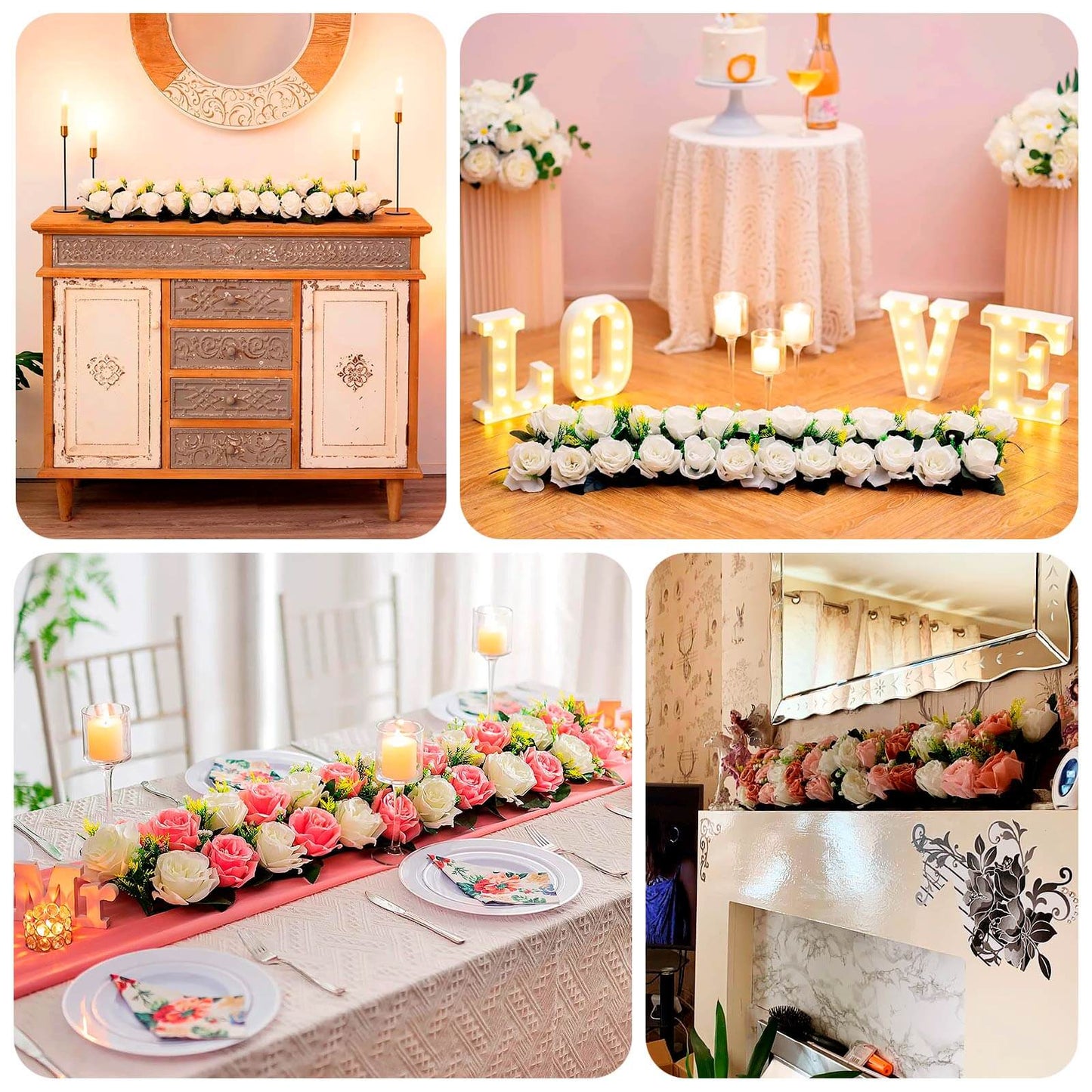 6 Pack Cream Ivory Silk Rose Flower Panel Table Runner, Artificial Floral Arrangements Wedding Table Centerpiece - 20"x8"