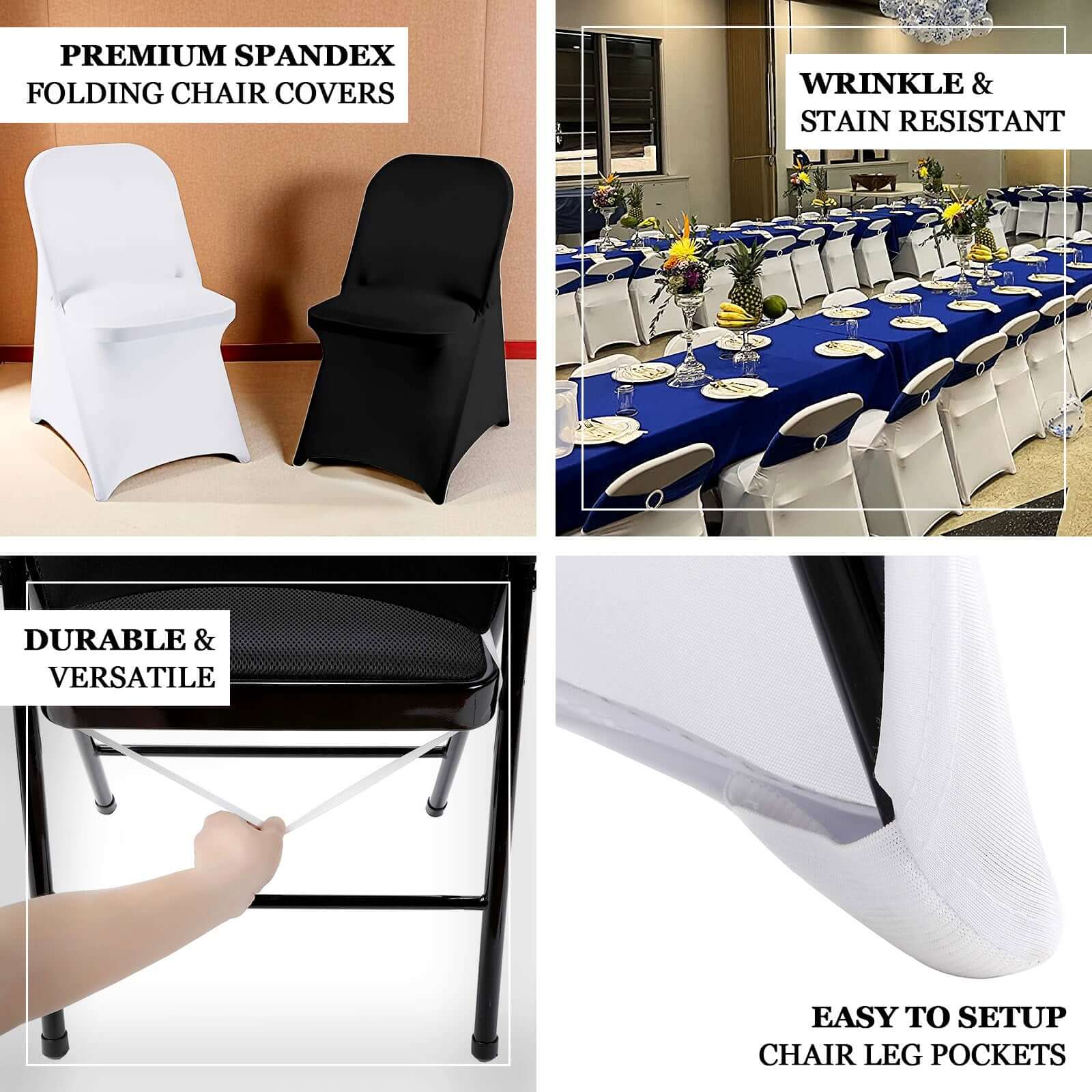 Premium Spandex Chair Cover with Foot Pockets for Folding Chairs White - Stretch Fitted 220GSM Fabric for Weddings & Gatherings - Linen Luxes