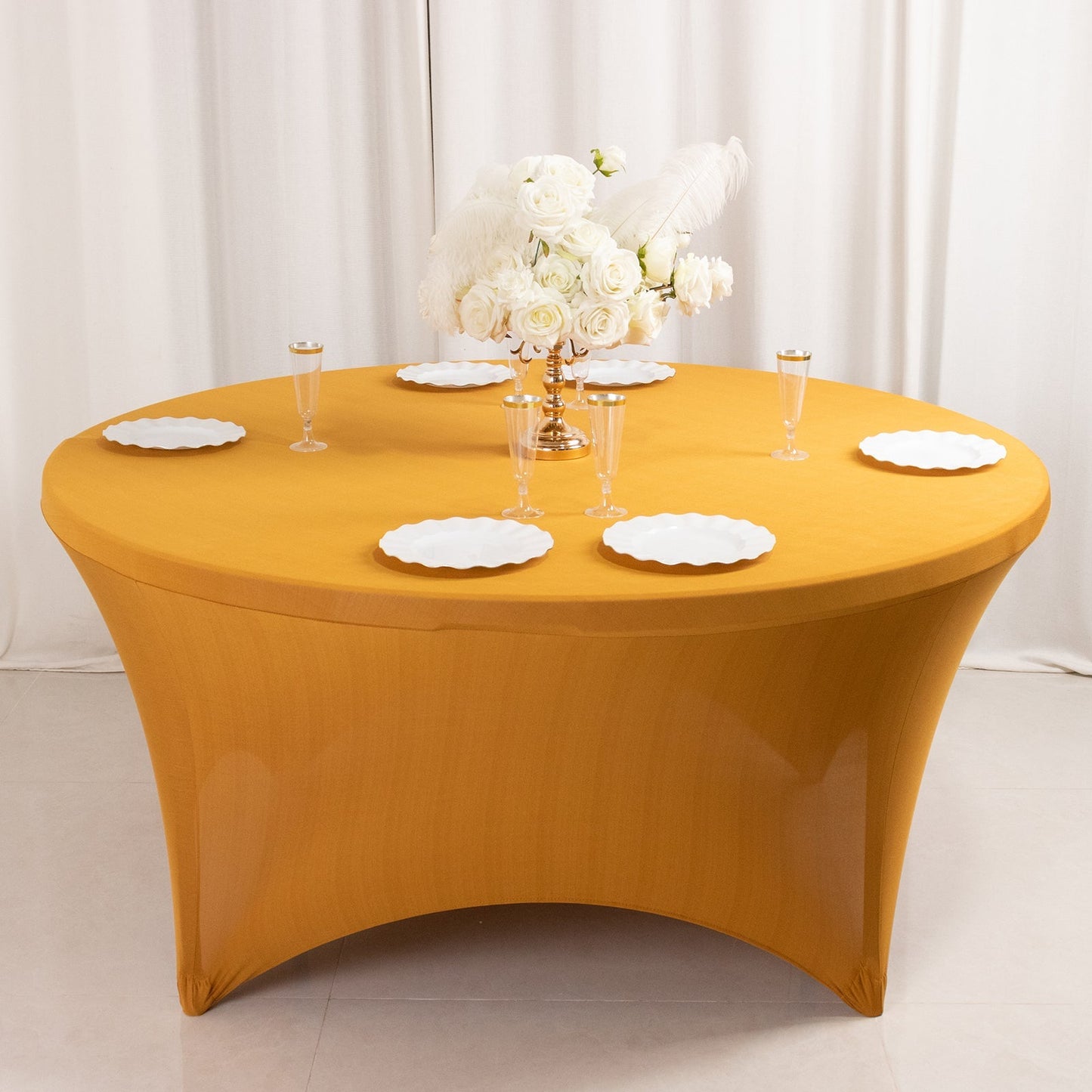 Stretch Spandex 5ft Round Tablecloth Gold - Durable Form-Fitting Table Cover for Events & Presentations