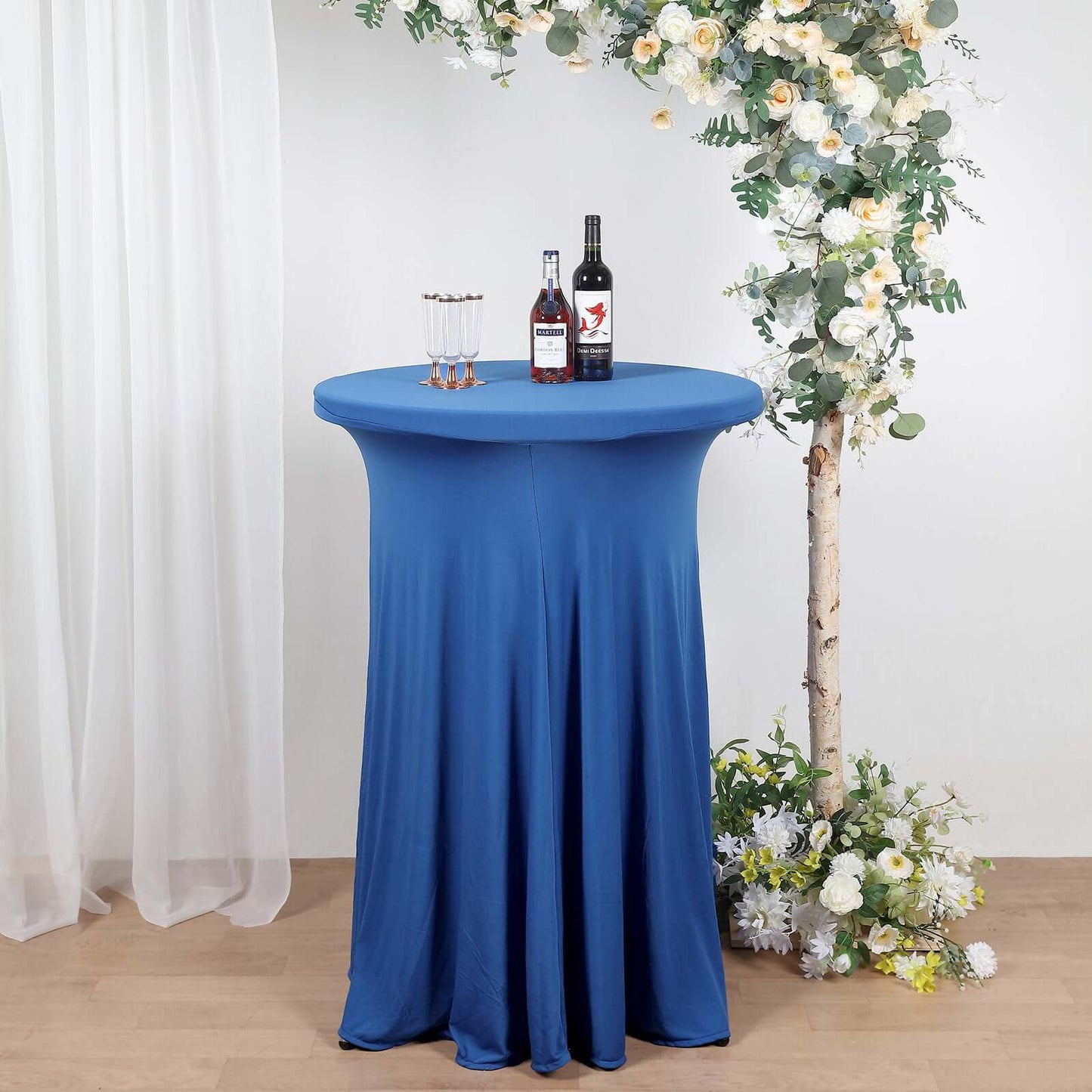 Spandex 30" Round Cocktail Table Cover Skirt Royal Blue With Natural Wavy Drapes