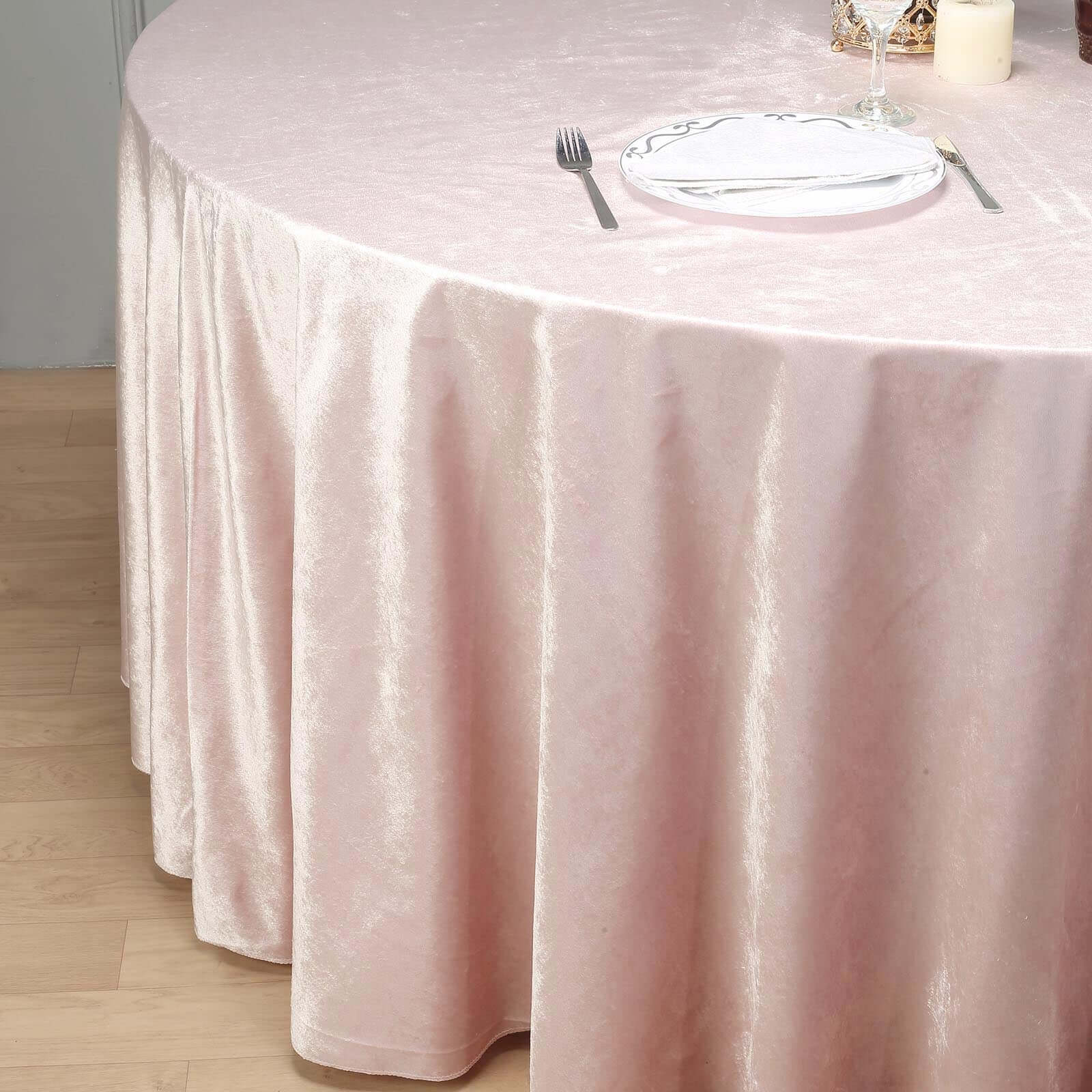 Premium Velvet 120" Round Tablecloth Blush - Reusable Soft & Seamless Table Cover - Linen Luxes