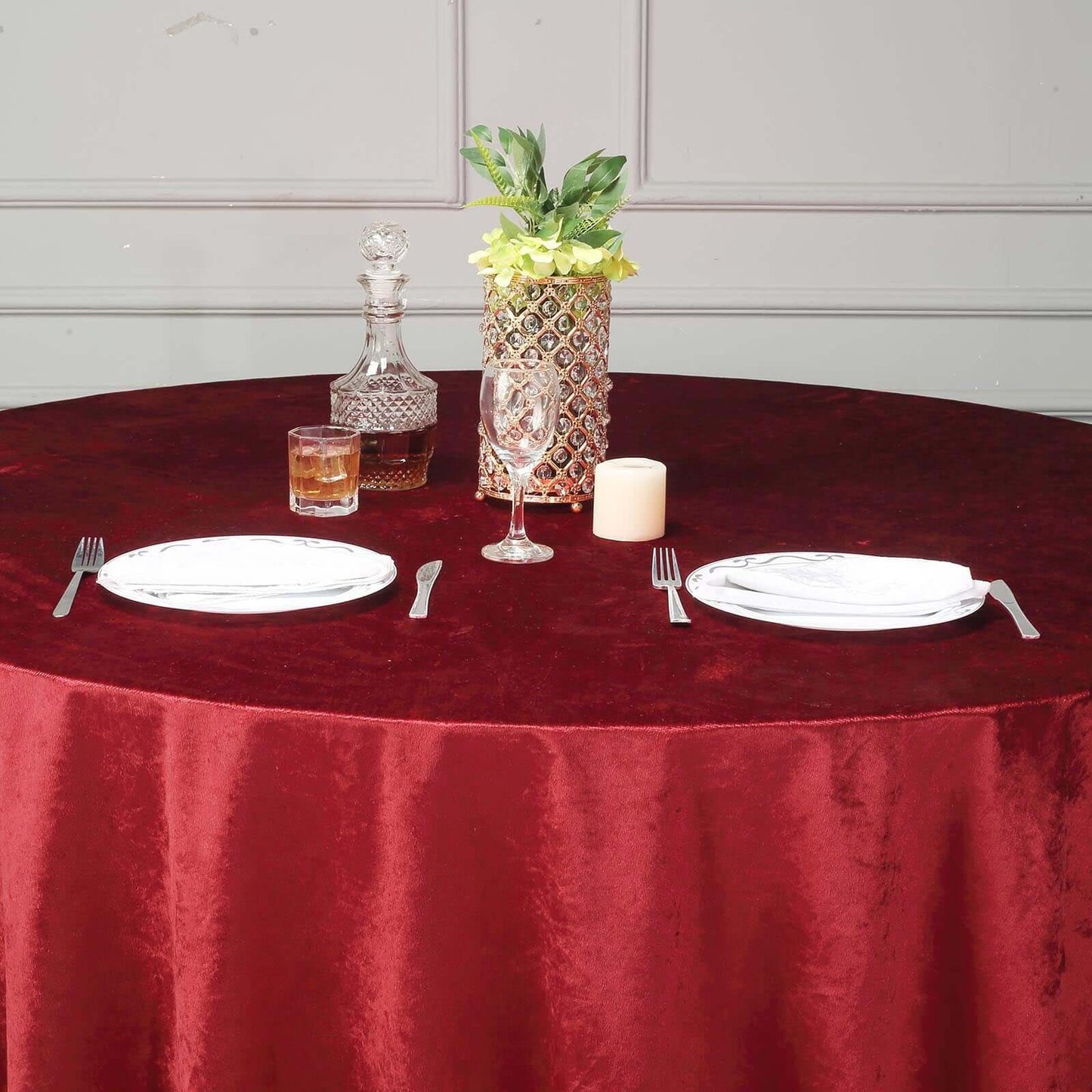 Premium Velvet 120" Round Tablecloth Burgundy - Reusable Soft & Seamless Table Cover - Linen Luxes