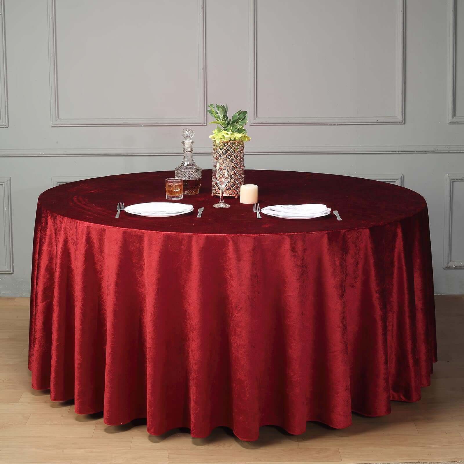 Premium Velvet 120" Round Tablecloth Burgundy - Reusable Soft & Seamless Table Cover - Linen Luxes