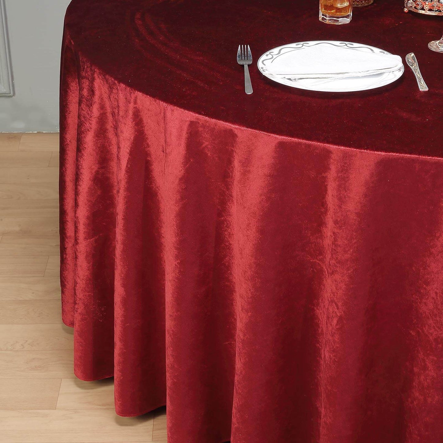 Premium Velvet 120" Round Tablecloth Burgundy - Reusable Soft & Seamless Table Cover - Linen Luxes
