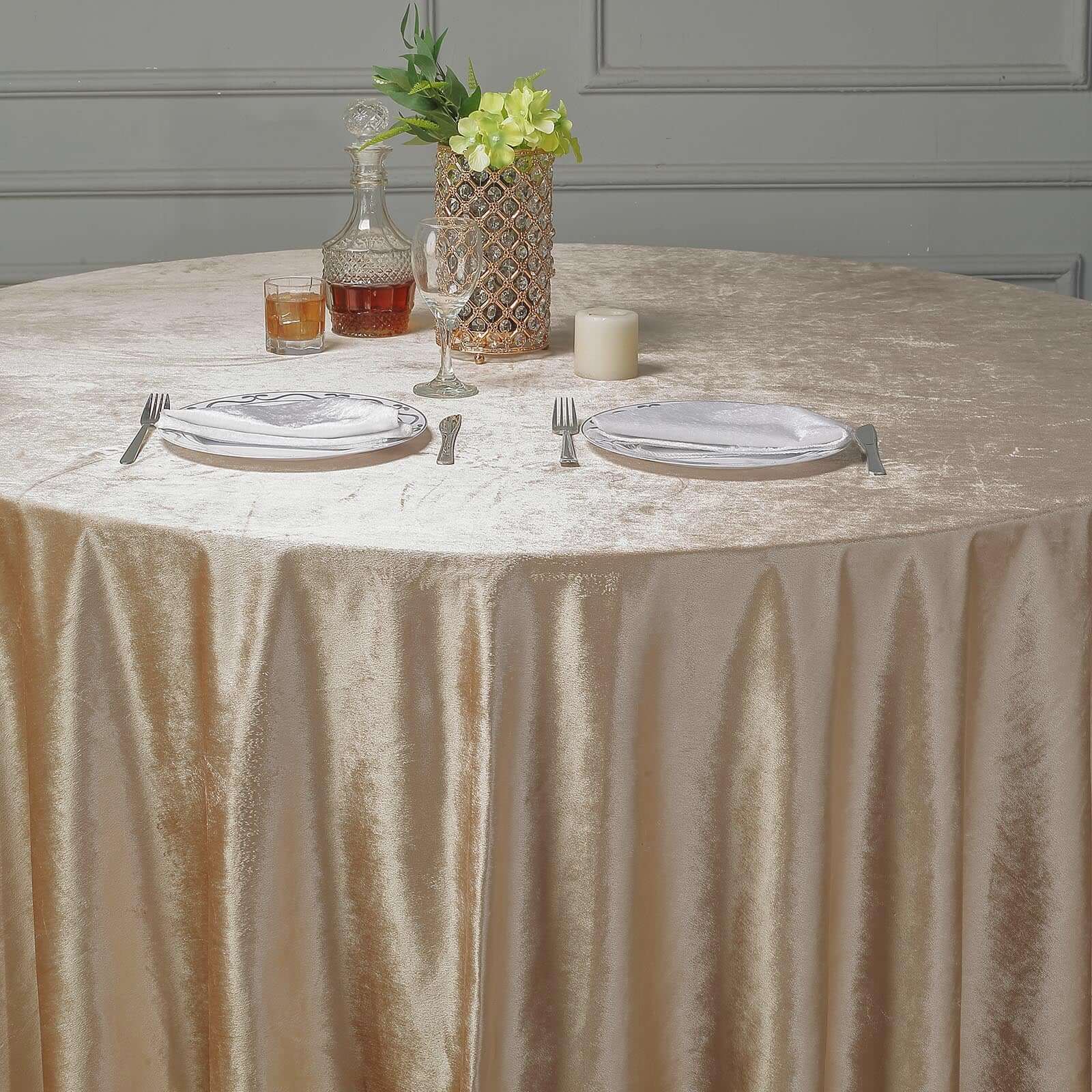 Premium Velvet 120" Round Tablecloth Champagne - Reusable Soft & Seamless Table Cover - Linen Luxes