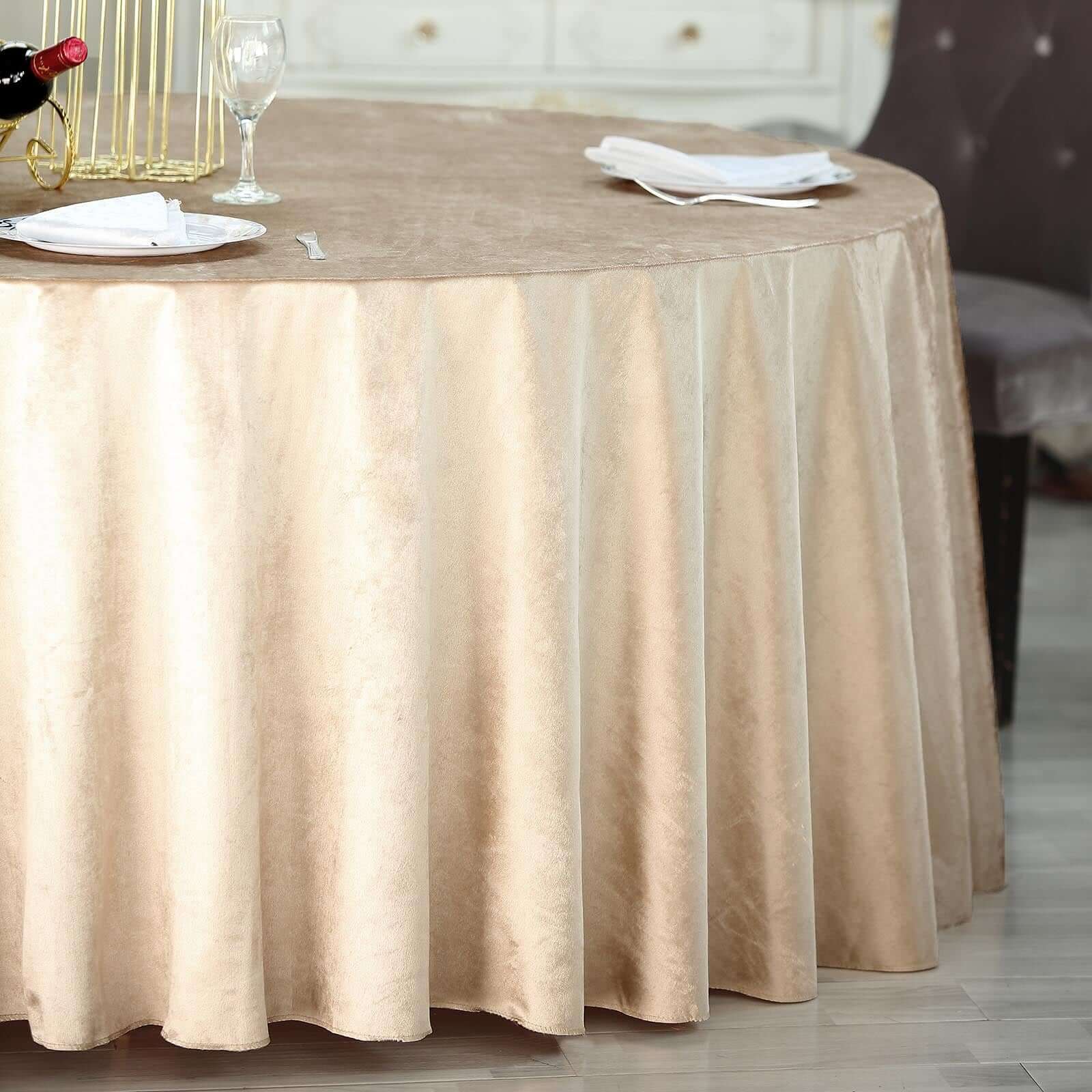Premium Velvet 120" Round Tablecloth Champagne - Reusable Soft & Seamless Table Cover - Linen Luxes