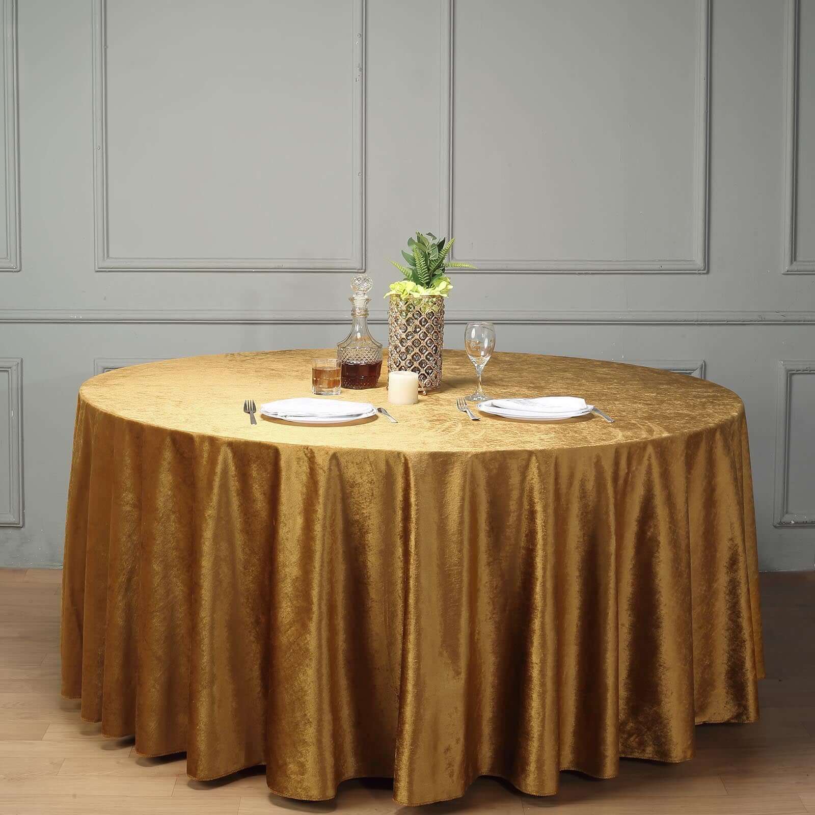 Premium Velvet 120" Round Tablecloth Gold - Reusable Soft & Seamless Table Cover for Upscale Events - Linen Luxes
