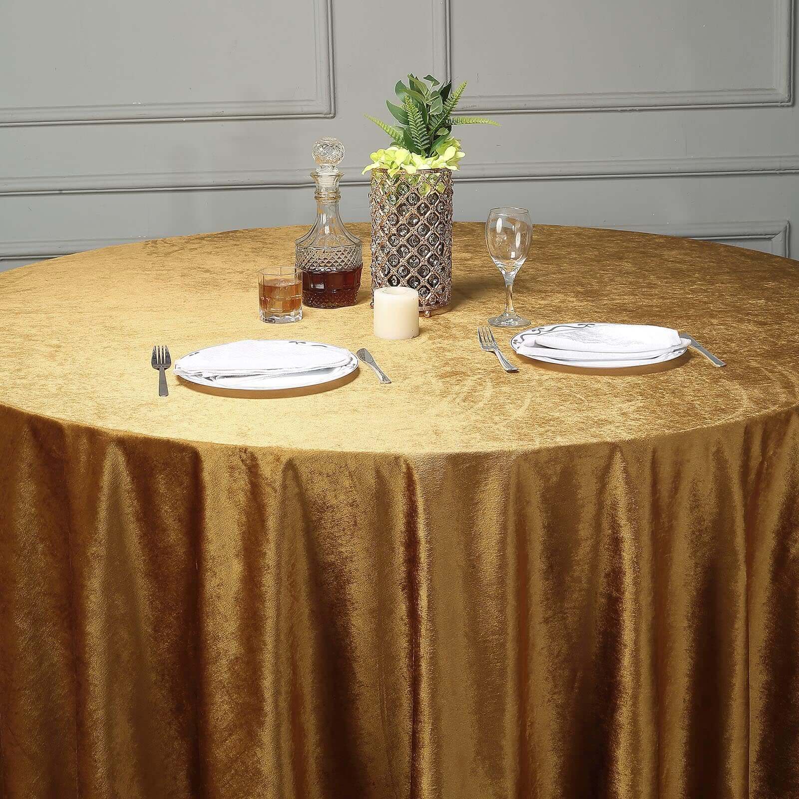 Premium Velvet 120" Round Tablecloth Gold - Reusable Soft & Seamless Table Cover for Upscale Events - Linen Luxes