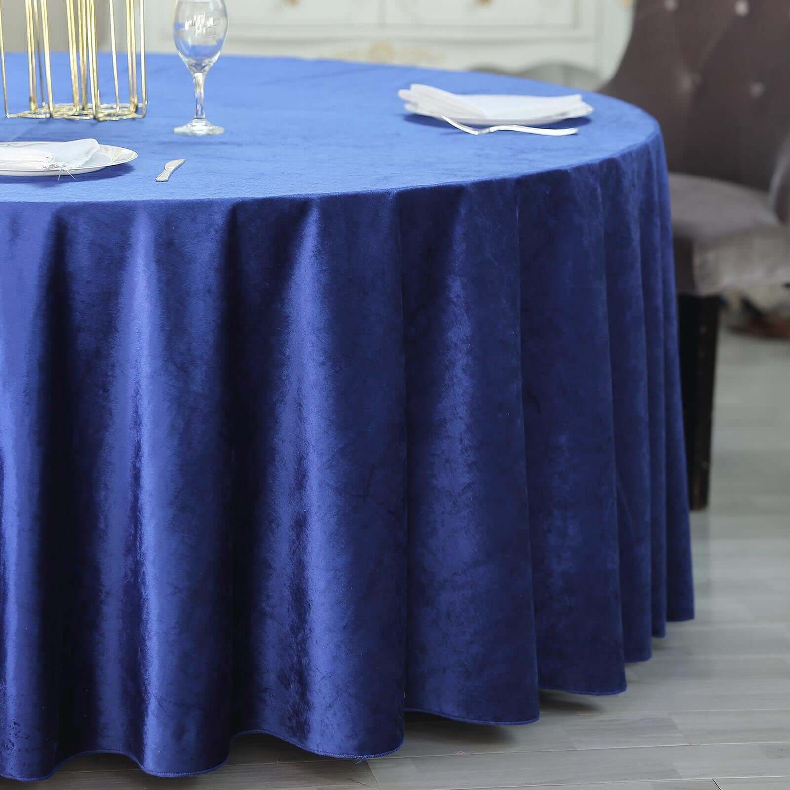 Premium Velvet 120" Round Tablecloth Royal Blue - Reusable Soft & Seamless Table Cover - Linen Luxes
