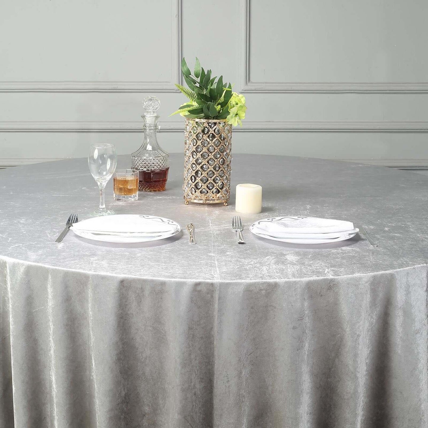 Premium Velvet 120" Round Tablecloth Silver - Reusable Soft & Seamless Table Cover - Linen Luxes