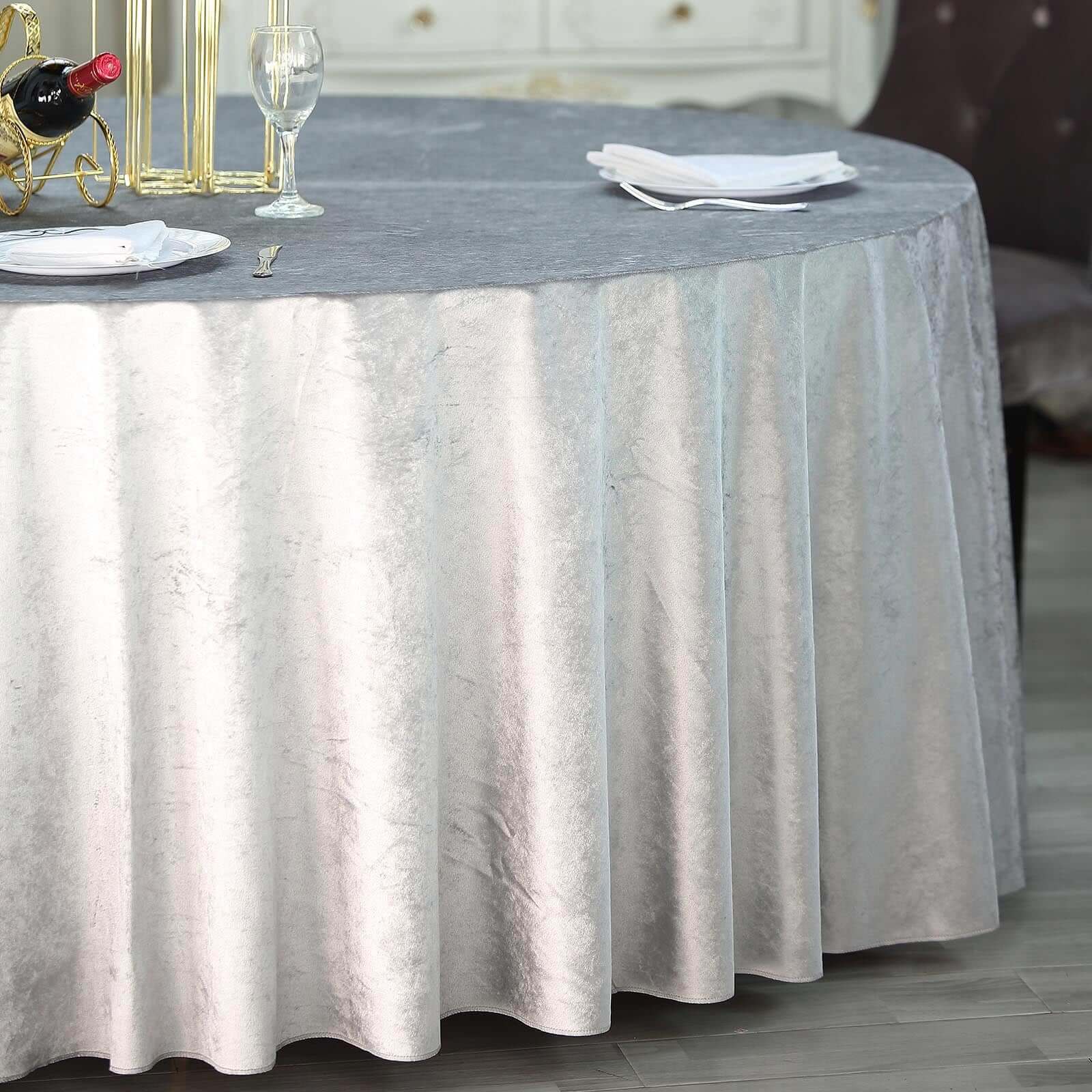 Premium Velvet 120" Round Tablecloth Silver - Reusable Soft & Seamless Table Cover - Linen Luxes