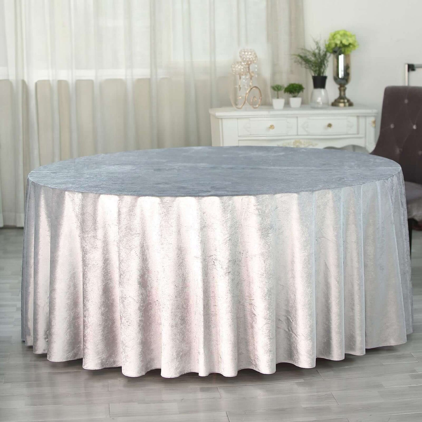 Premium Velvet 120" Round Tablecloth Silver - Reusable Soft & Seamless Table Cover - Linen Luxes