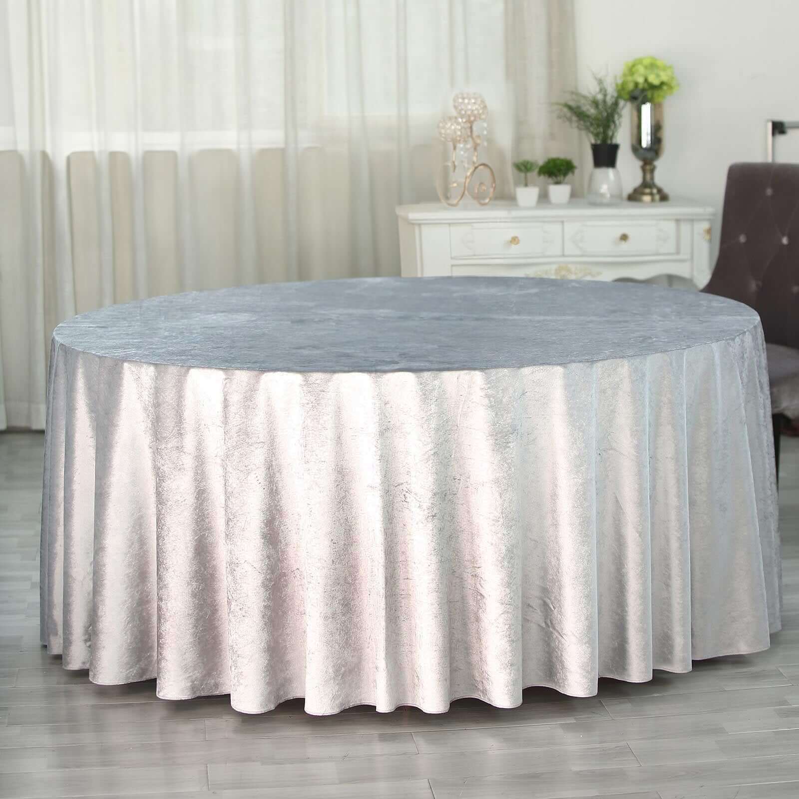 Premium Velvet 120" Round Tablecloth Silver - Reusable Soft & Seamless Table Cover - Linen Luxes