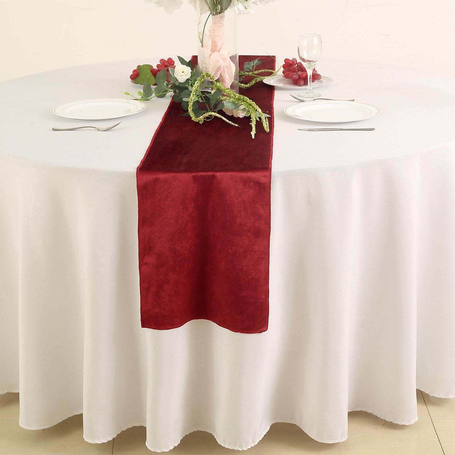 Premium Velvet 12"x108" Table Runner Burgundy - Sheen Finish Reusable Table Decor - Linen Luxes