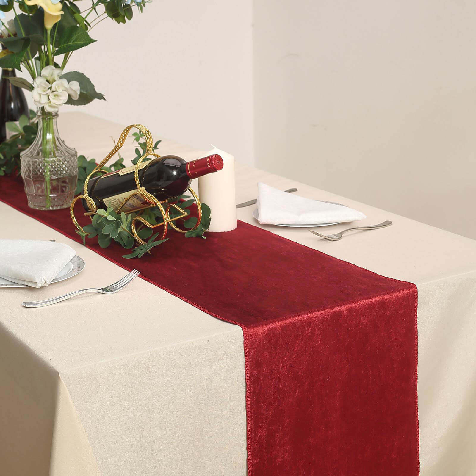Premium Velvet 12"x108" Table Runner Burgundy - Sheen Finish Reusable Table Decor - Linen Luxes
