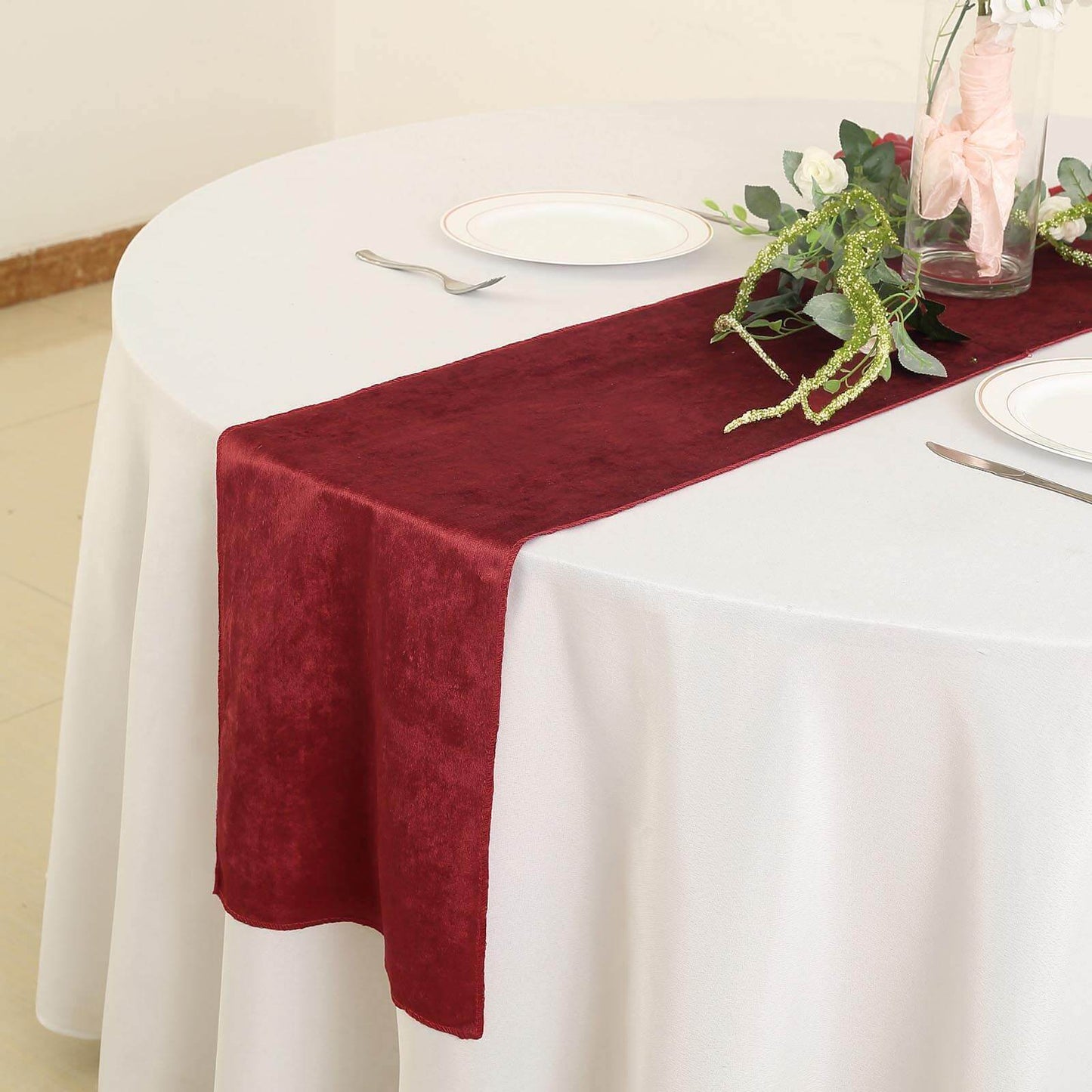 Premium Velvet 12"x108" Table Runner Burgundy - Sheen Finish Reusable Table Decor - Linen Luxes