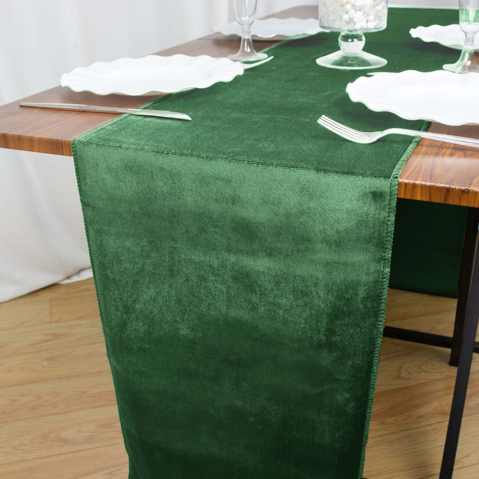 Premium Velvet 12"x108" Table Runner Hunter Emerald Green - Sheen Finish Reusable Table Decor - Linen Luxes