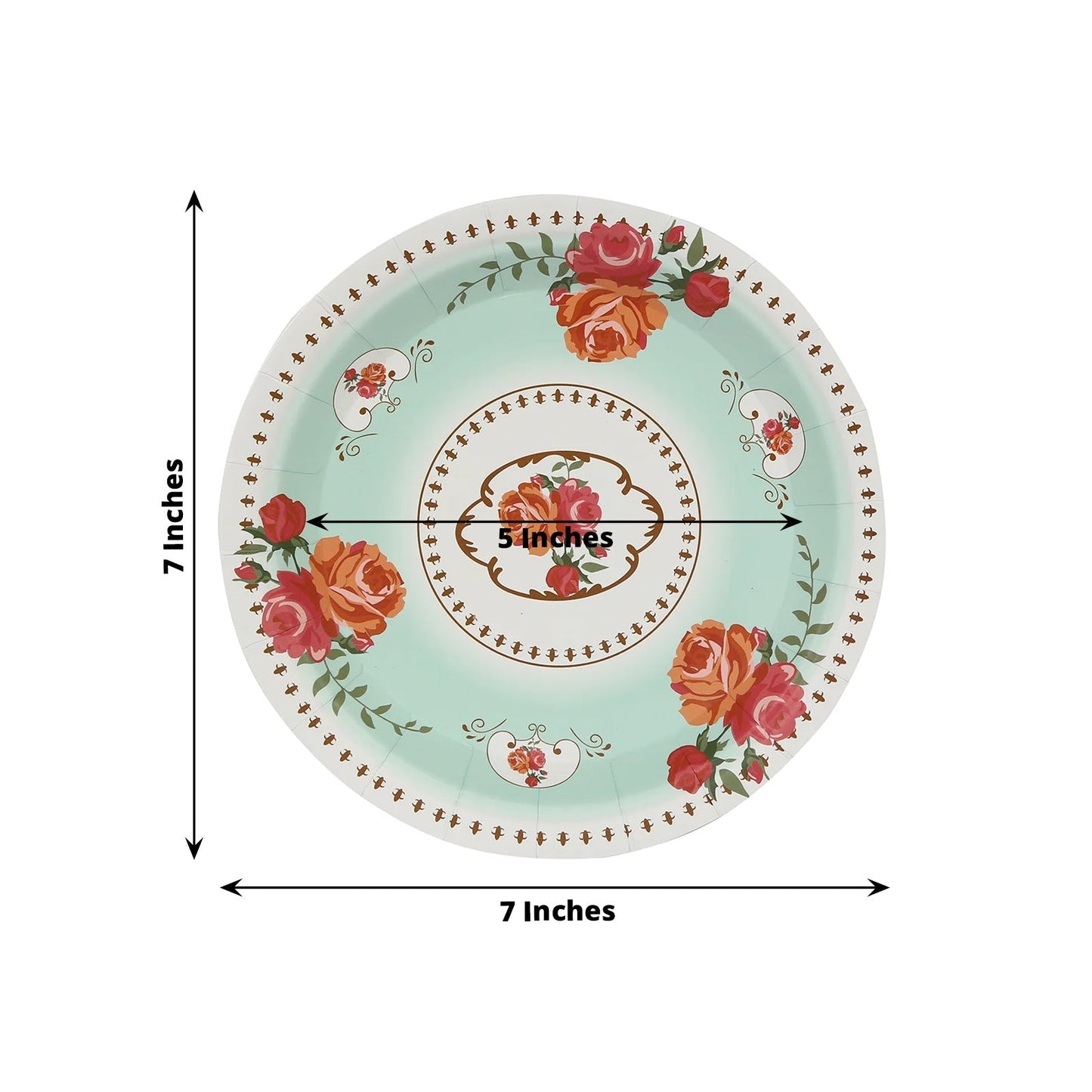 25-Pack Paper 7" Round Dessert Plates in Light Turquoise with Vintage Rose Flower Print - Disposable Appetizer Salad Plates