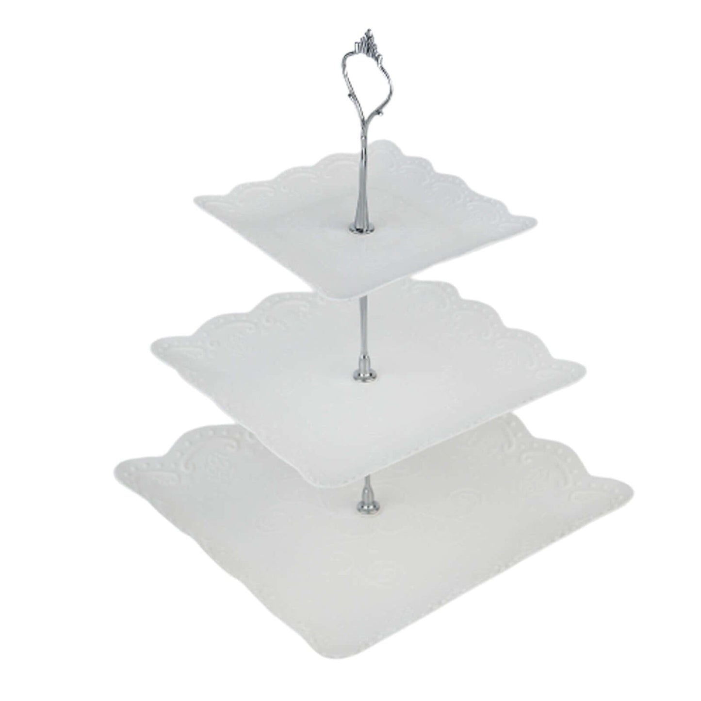 3-Tier Plastic Square Cupcake Stand Tower White - Charming Easy to Assemble Dessert Display Serving Tray Platter with Floral Embossed Scalloped Rim & Silver Handle for Tea Parties Weddings & Special Occasions 13"
